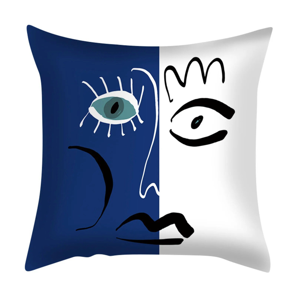 Face Pattern Pillow Cover In White And Blue